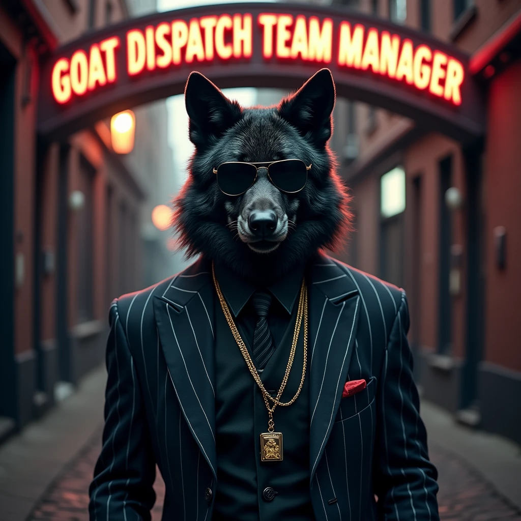 Black serious angry wolf with gangster clothes 
under the letter "GOAT DISPATCH TEAM MANAGER"
