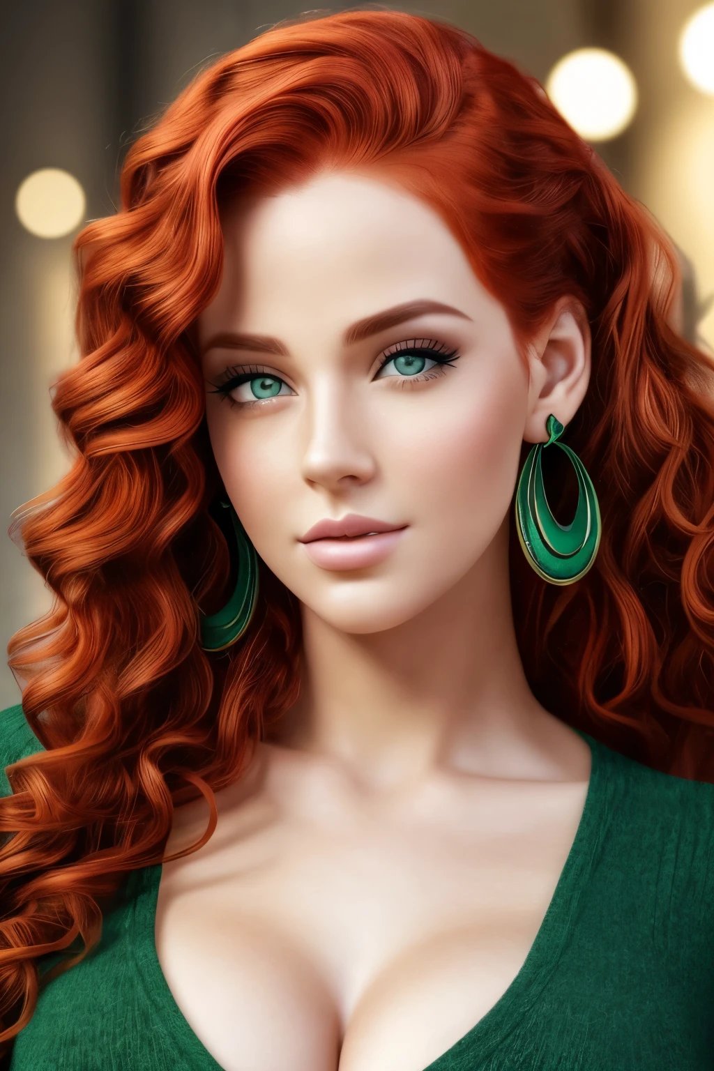 The face of a young woman, green eyes, red curls, nose piercing, ear rings, full lips, index finger in front of the lips, head on side, detailed face, realistic, datailed lips, busty