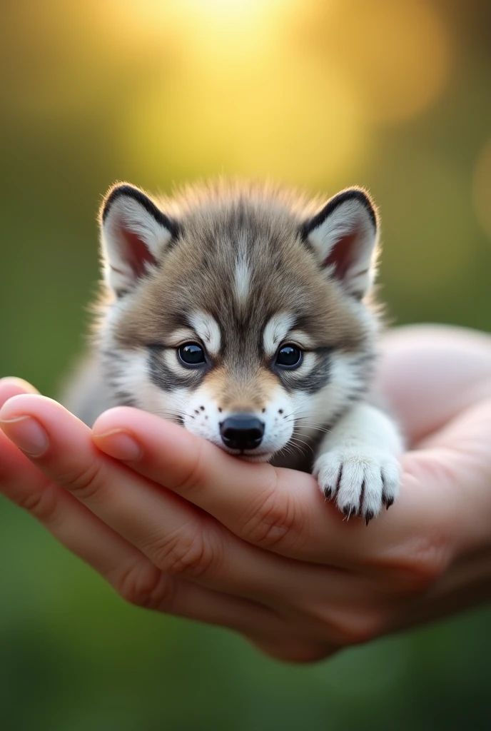 There is a small wolf cub sitting in a person's hand, a mini wolf cub, a miniature animal, sitting on a finger, cute and cute, cute and cute, cute kitty, cute wolf cub, the photo is very realistic, Very small, beautiful wolf picture, just a neat little thing, cute little nose, beautiful and cute, beautiful creature, pretty cute, very detailed photo.
