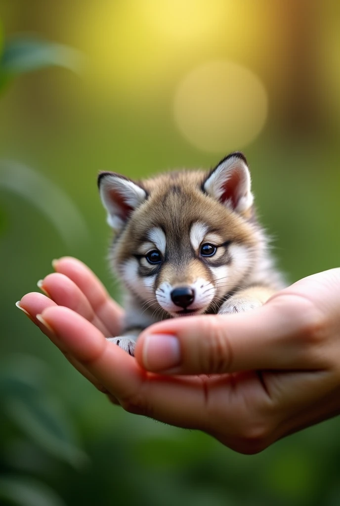 There is a small wolf cub sitting in a person's hand, a mini wolf cub, a miniature animal, sitting on a finger, cute and cute, cute and cute, cute kitty, cute wolf cub, the photo is very realistic,  Very small, beautiful wolf picture, just a neat little thing, cute little nose, beautiful and cute, beautiful creature, pretty cute, very detailed photo.