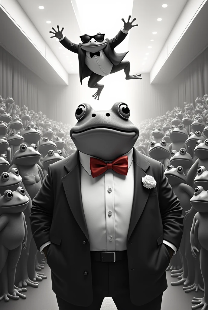 A fat frog with a tux and a red tie and a big crowd and a frog dressed as a bodyguard leaping on the big election stage in black and white.