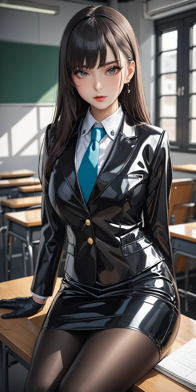 Portraiture、(masterpiece,Highest quality,Ultra-high resolution),Japanese women, (((A very beautiful 25-year-old woman))),(A high school girl's uniform made of latex)、Latex long-sleeved blazer、、Long skirt made of latex、Latex gloves、Latex tights、Dark Classroom