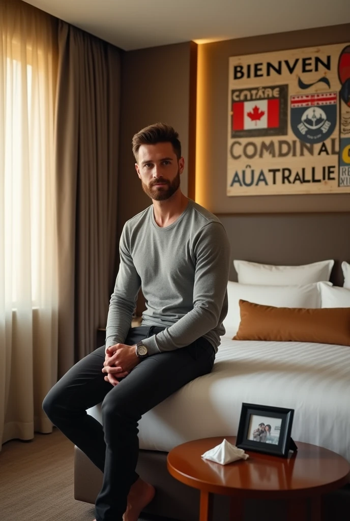 Homme caucasien grand de taille, charmant, un peu costaud, habillé en pantalon et tee-shirt manche longue, assis ou adossé sur une table dans une grande chambre d'hôtel, sur la table qu'il y ait également un papier mouchoir déjà utilisé sur la table et sur le lit de l'hôtel qu'il soit déposer un cadre photo grand ou moyen qu'il est possible de faire arrêter sur le lit et faire face à la caméra et sur le mur du chevet du lit un tableau sur lequel il est écrit en français : Bienvenue à Melbourne AUSTRALIE et autour de la phrase qu'il y ait les emblèmes du CANADA QUÉBEC ou le drapeau du CANADA QUÉBEC