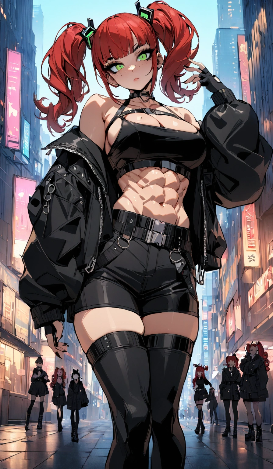 woman, curly red hair in pig tails, green eyes, black eyeshadow, wearing crop top black shirt, long black jacket, black hot pants, black knee high boots, black fingerless gloves, exposed shoulders, large breasts, freckles, abs, cleavage, looking at viewer, masterpiece, best quality, Holo-Punk Style, in the city, make up, eyelashes