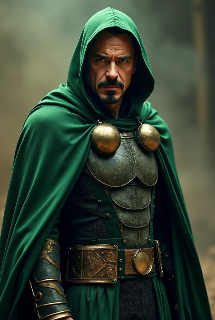 Iron man character Robert Downey Jr as Dr.doom,in a green cloak , metal armour,iron mask off,in villain getup , looking at the camera, different profiles, smoky, dusty, dark mysterious background, ultra realistic, realism 16K,textured skin.