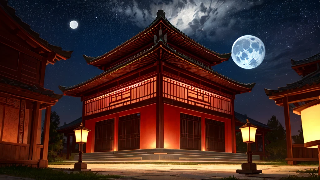 at night，Ancient Chinese Architecture，Red Lantern，The sky is a deep blue, star-studded night sky，Majestic and mysterious against the backdrop of the moon and stars，The atmosphere is majestic，high quality，masterpiece，Lots of details，8k，Amazing theatrical work, movie environment, masterpiece, best quality, Award-winning works, Personalize your style, Fine details, Realistic shadows, HDR, Ultra HD