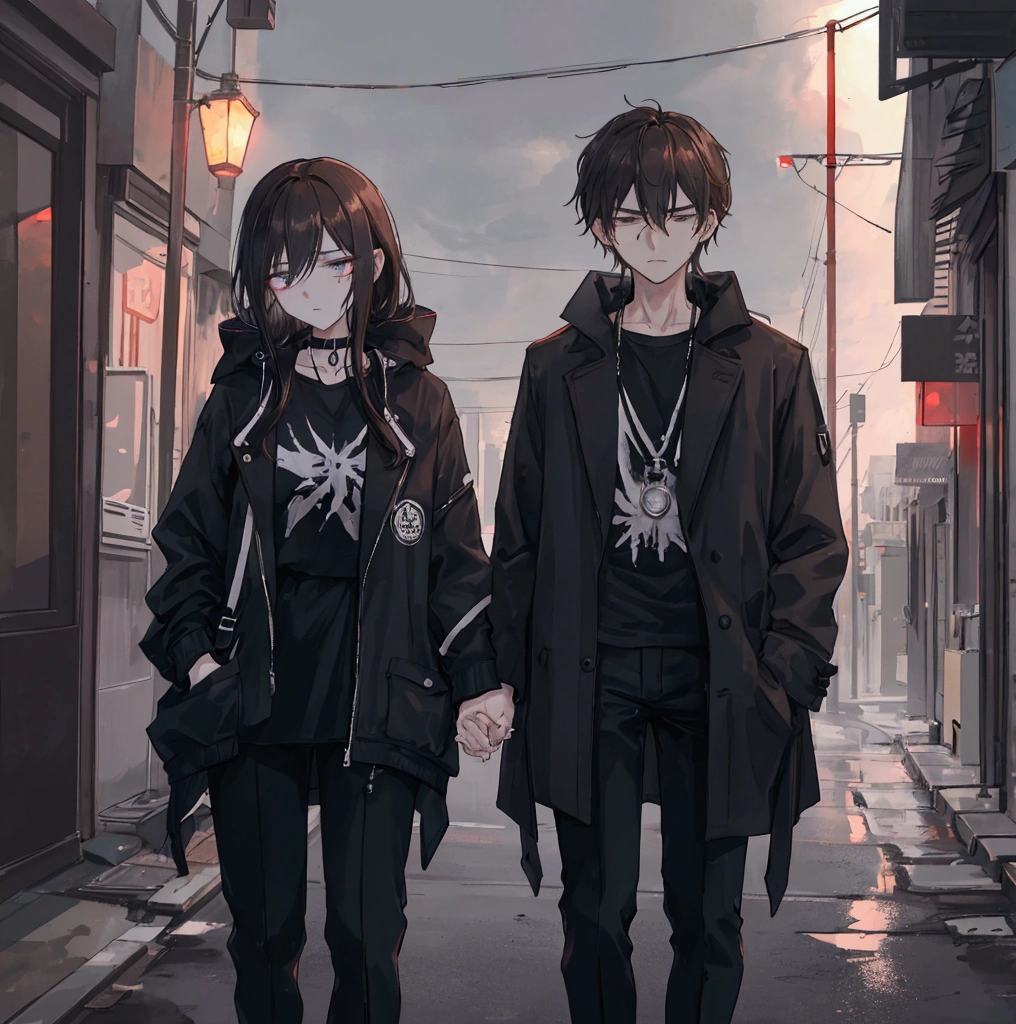 Generate an anime-style digital artwork featuring a melancholic young couple in a moody, urban night setting. The female character, who is shorter than her male partner, has long, black or brown hair that cascades down her back. She has piercing eyes and a tired expression, reflecting a sense of deep emotional weariness. A cigarette dangles from her lips, and wisps of smoke curl around her face, adding to the mysterious atmosphere. She wears a black top partially covered by a light jacket. The male character, standing close by as her partner, has short, black or brown hair that’s slightly tousled, with a rugged yet handsome appearance. His expression is calm but carries a hint of sadness, mirroring the emotional depth of his partner. He wears a simple dark shirt and jacket, leaning slightly against a wall, gazing toward the camera with a contemplative look. They are depicted as a couple, their body language and proximity to each other suggesting a deep, intimate connection, with the female character’s height adding to the dynamic. The background is a dimly lit alleyway or an urban street at night, bathed in the faint glow of distant streetlights or neon signs. Deep shadows cast by the sparse lighting enhance the mood, creating a sense of solitude, introspection, and quiet defiance. The overall atmosphere should convey the feeling of two souls bound by shared experiences, standing together against a backdrop of a cold, indifferent cityscape. The color palette should be cool, dominated by blues, purples, and dark tones, with occasional warm highlights from the streetlights or cigarette embers. Ensure both characters are the focus, with the setting complementing their emotional state, creating a harmonious yet haunting scene that captures the essence of their bond and the loneliness of the urban night