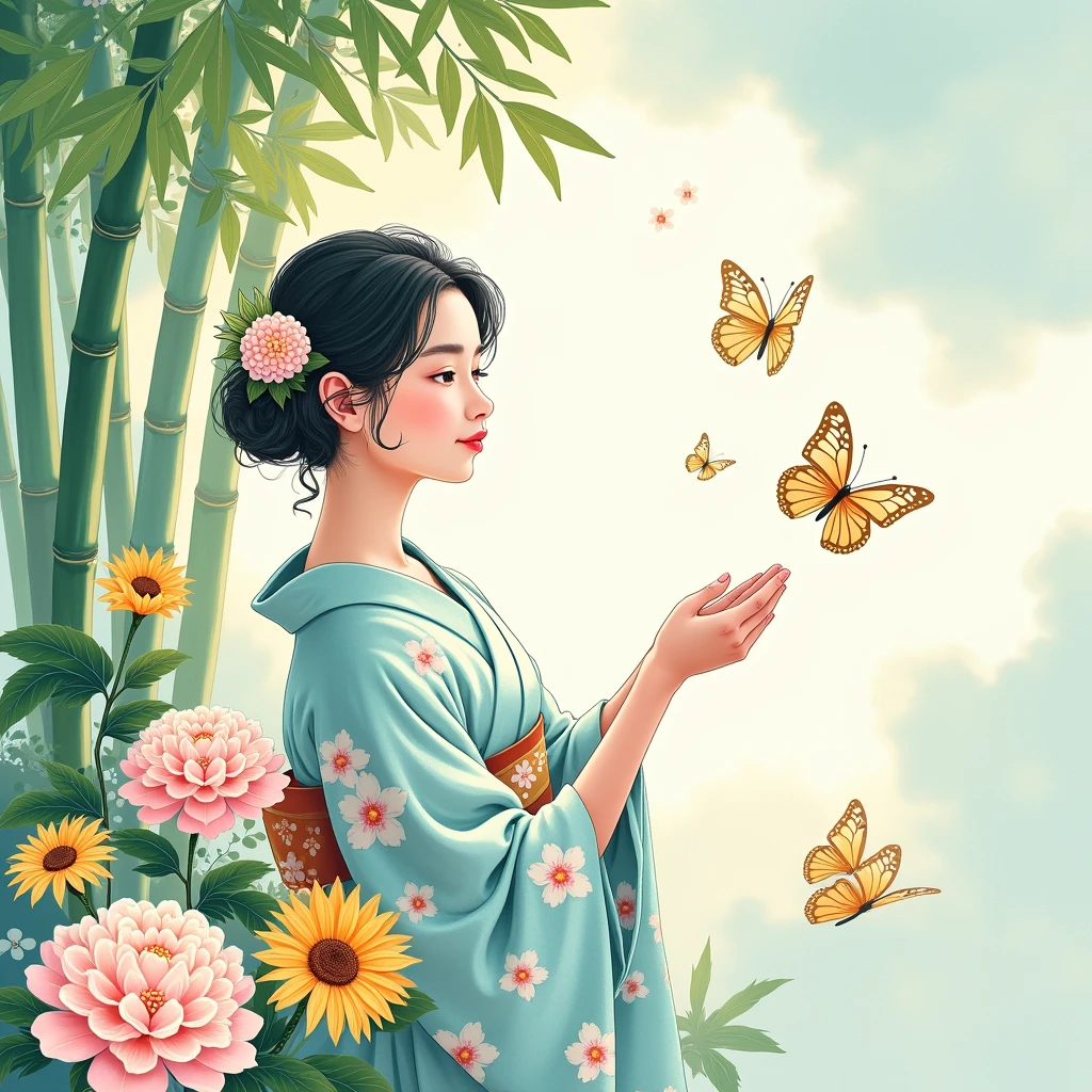 Create a Japanese summer greeting card for "暑中見舞い".，Style leaning towards Japanese，The color scheme is fresh