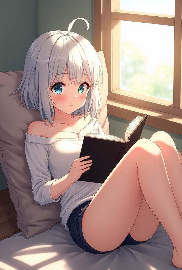 anime style, young adult woman, with one blue eye and one green eye, short white hair.
The woman is lying on the floor looking up. , with the head resting on a pillow.
Her legs are raised and resting on the wall., creating a right angle with your body.
He is holding a book with both hands, which is reading in a relaxed manner.
View from its side.