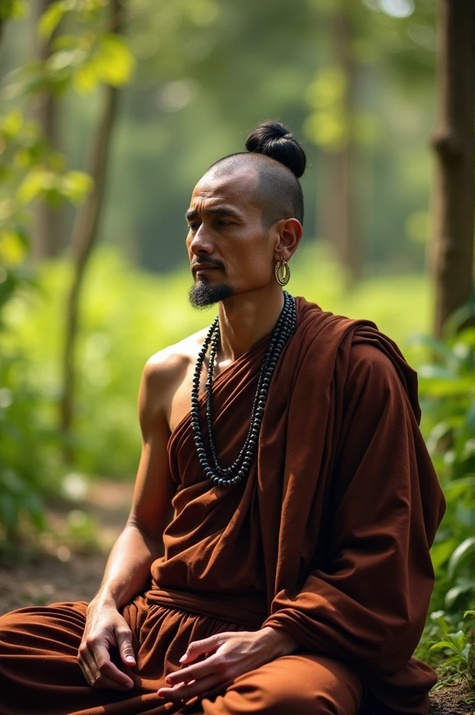 Description of the highest name, a 60 year old Indian hermit dressed in Lopburi style. Wear a pleated sarong. Dyed a dark brown color, folded into the body, the front part left an unknown man not wearing a robe and a sash. The left shoulder of the body is draped over the right side, wearing a single large rosary necklace made from genuine black leather and hair tieda high bun... Beautifully dressed in Dvaravati style with a cloth around her neck, shoulders and waist like a sash. Wear a cloth folded slightly and have a front pocket. Hair tied high, flat and round earrings on metal or gold accents, you will find meditation on different sides. 48k SUHD