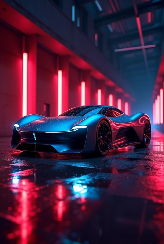The image features a sleek, futuristic car  with a low profile, aerodynamic design, and a shiny, reflective surface. The car is set against a dark background with vibrant red and blue light reflections on the ground, giving it a dramatic and high-tech appearance. The vehicle appears to be a concept car, likely incorporating advanced technology and cutting-edge design elements. uhd 16k, professional photography, image like neon box 3D light 