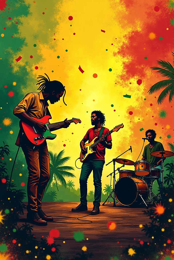 vectorial art, With a lot of Jamaican reggae, Authentic Jamaican Reggae Music Atmosphere，colorful illustrations, At the center, swirly vibrant colors, paint splashes and smears, high détail,
