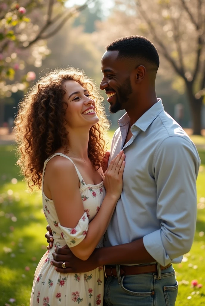 couple, girl with light brown curly hair and fair skin and boy with black skin and straight black hair