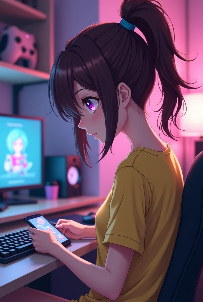 Gamer , Anime girl , brown hair colour , ponytail hair style , yellow T-shirt , purple eyes , empty eye lens , uncaring eye , plays mobile , side view