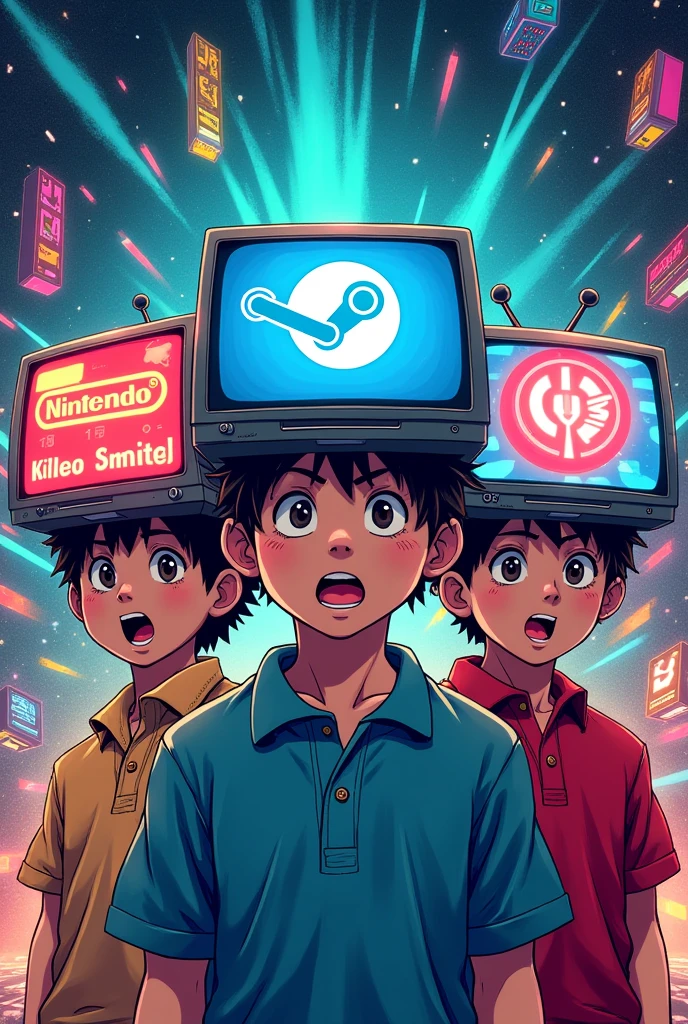 Boys with TV-shaped heads with the Nintendo Logo, Steam logo, Playstation logo, Xbox version logo manga