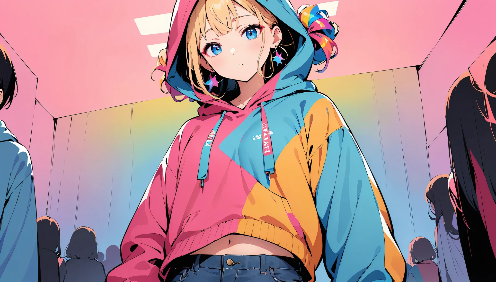 (high quality, 8k, 4K, High Contrast, masterpiece:1.2, 最high quality, Best aesthetics), (Dynamic Angle), ((1 female teen)), ((Plain background with no one in it.3)), ((Flat Color)), ((Wearing a hood)), (Harajuku Street Style Fashion),(jeans), Looking at the audience, Upper Body, Transparent Background, High Contrast, Contrasting colors, Cowboy Shot, Pale pink and blue lighting, Long Hair, ((Tied Hair)) , Rainbow Hair, Small star-shaped earrings in both ears, watch, bright eyeshadow, R-18, belly button, Have sleepy eyes, Wearing a hood over their head, Has a sleepy look, Anatomically correct fingers,　There is no one in the background