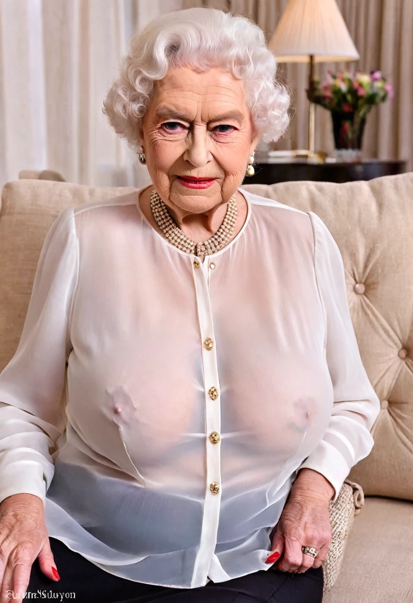 (gorgeous queen elizabeth 80yo ), (huge saggy breast:1.6), (pointed nipples), (dressed for a party with elegant white sheer chiffon shirt:1.4), (black skirt), (sitting on sofa), lipsticks