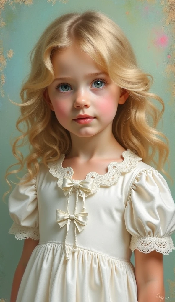 Generate an image of a young girl in the style of Pierre-Auguste Renoir's Impressionist painting. The girl should have delicate, soft facial features with light skin, large expressive blue eyes, and wavy, golden-blonde hair that flows down past her shoulders. She is wearing a white satin dress with delicate lace details around the collar and cuffs. The dress is adorned with subtle, elegant bows. The background should be a blurred mixture of pastel colors—soft greens, blues, and hints of pink—to give a sense of depth without drawing attention away from the figure. The lighting should be soft, creating a warm, glowing effect on her skin, with subtle highlights on her hair. The brushstrokes should be visible and fluid, giving the painting a sense of movement and life, characteristic of Renoir's style.