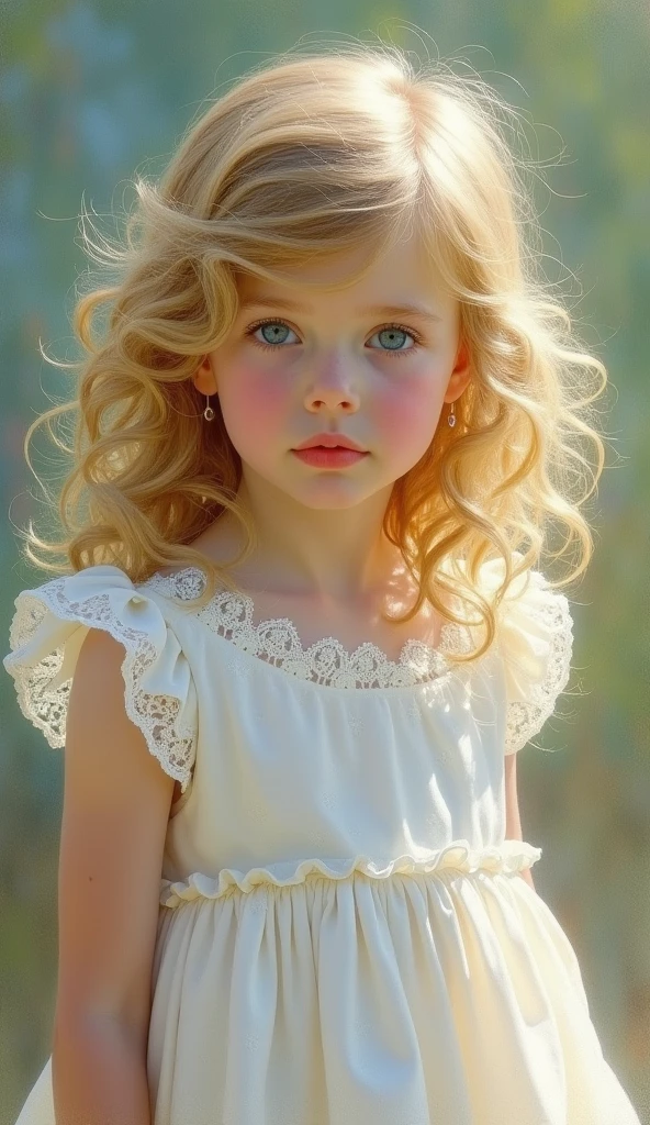 Generate an image of a young girl in the style of Pierre-Auguste Renoir's Impressionist painting. The girl should have delicate, soft facial features with light skin, large expressive blue eyes, and wavy, golden-blonde hair that flows down past her shoulders. She is wearing a white satin dress with delicate lace details around the collar and cuffs. The dress is adorned with subtle, elegant bows. The background should be a blurred mixture of pastel colors—soft greens, blues, and hints of pink—to give a sense of depth without drawing attention away from the figure. The lighting should be soft, creating a warm, glowing effect on her skin, with subtle highlights on her hair. The brushstrokes should be visible and fluid, giving the painting a sense of movement and life, characteristic of Renoir's style.