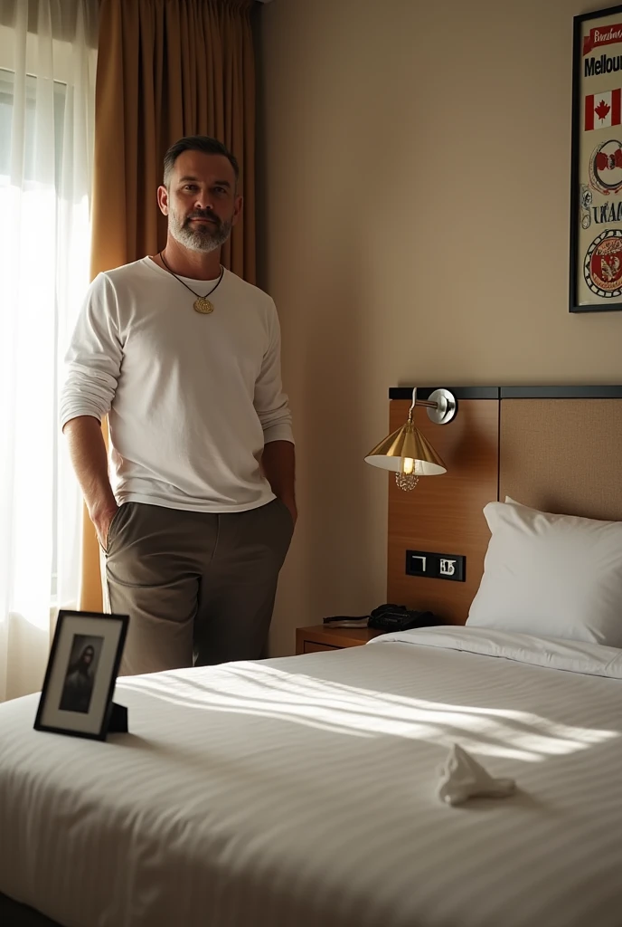 Homme caucasien grand de taille, charmant, un peu costaud, habillé en pantalon et tee-shirt manche longue, assis ou adossé sur une table dans une grande chambre d'hôtel, sur la table qu'il y ait également un papier mouchoir déjà utilisé sur la table et sur le lit de l'hôtel qu'il soit déposer un cadre photo grand ou moyen qu'il est possible de faire arrêter sur le lit et faire face à la caméra et sur le mur du chevet du lit un tableau sur lequel il est écrit en français : Bienvenue à Melbourne AUSTRALIE et autour de la phrase qu'il y ait les emblèmes du CANADA QUÉBEC ou le drapeau du CANADA QUÉBEC