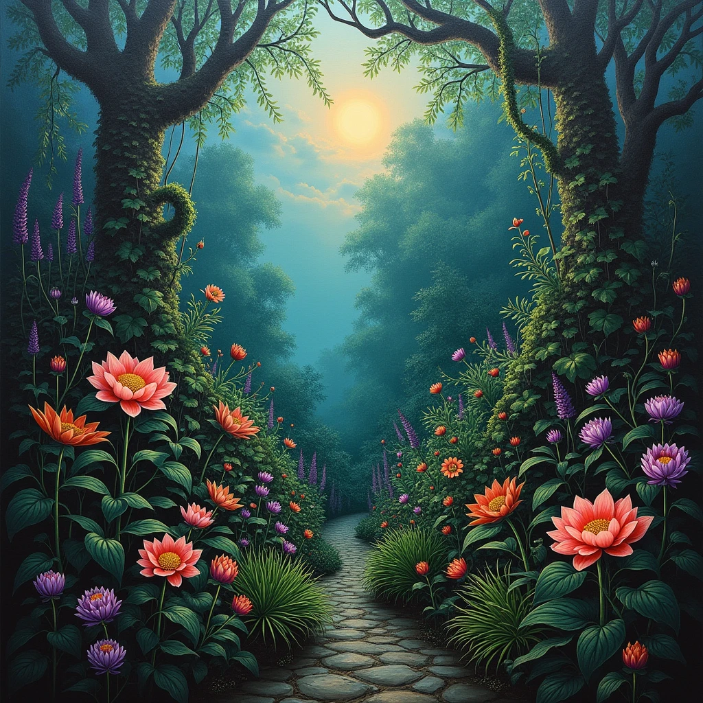A wild, overgrown garden filled with strange and exotic plants, oil painting. The garden is lush and dense, with towering flowers, twisting vines, and enormous leaves creating a maze of color and texture. Some plants glow faintly in the twilight, while others seem to move subtly, as if alive with unseen energy. The atmosphere is otherworldly, with rich greens, purples, and blues blending together in a wild symphony of nature. (masterpiece, 8K, (oil painting:1.5), wild garden, surreal nature)