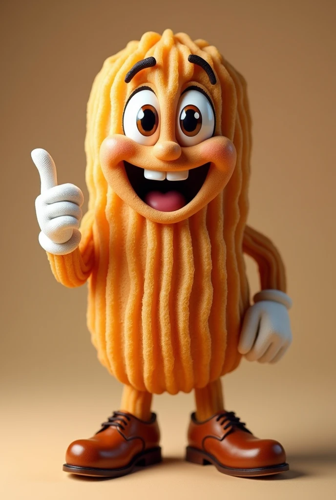 PPersonagem: A male churro with a confident and friendly appearance.

cos: The churro's body should be the sweet itself, With a wavy texture and golden brown color, similar to a fried churros. the face (eyeballs, nariz e boca) must be directly on the churros, without a white background or overlay. Os eyeballs são expressivos, with striking eyebrows, and the smile is wide and friendly.

arms: The churros must have two arms, one of them making the gesture of "jewel" with a white glove on his hand.

flegs: The churro should also have two legs proportional to the body, With shoes on his feet, which can be of classic style, adding a fun touch to the character.