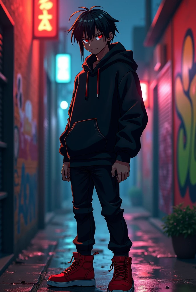 Dark skin Anime man with black hair and red eyes and a black hoodie and black pants with red shoes.