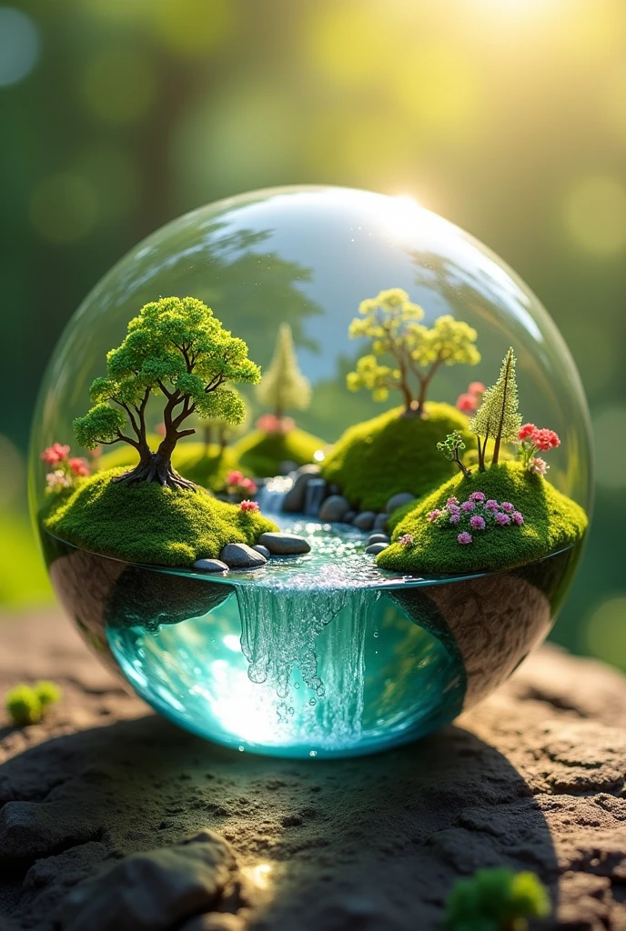 A microcosm unfolds inside a glass sphere, showcasing a beautiful miniature landscape with intricate details, and small floating islands resting within, surrounded by crystal-clear water.