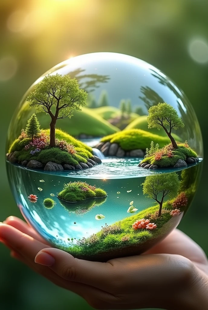 A microcosm unfolds inside a glass sphere, showcasing a beautiful miniature landscape with intricate details, and small floating islands resting within, surrounded by crystal-clear water.