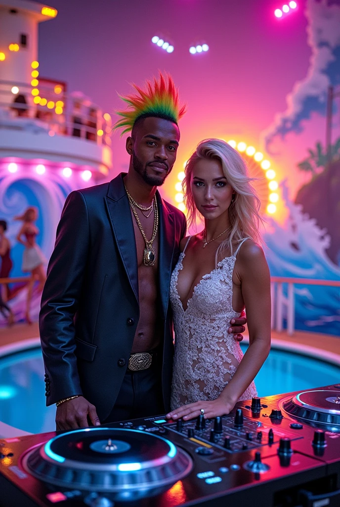 DJ FRANK JR and DJ FROSTI needs an artwork for a club event, the Name is LOVE ON DECKS, the name of this 80's and 90's party is a pun of cruise ship and DJ turn tables. Include the wedding of a mohawk Frankenstein and his blond bride 