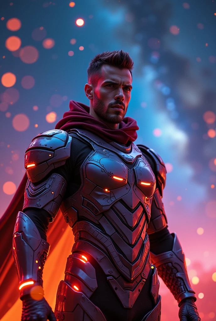 Handsome male warrior、High-tech LED lights、Product view,Neon cold lighting,Cyberpunk light,abstract,The stars shine,Starry Sky Milky Way,It has a dreamlike magical feeling,Close shot,Cyberpunk light,Gold and silver tone,close-up view,4K8K,webp,Different styles,Different action shot sizes 9:16