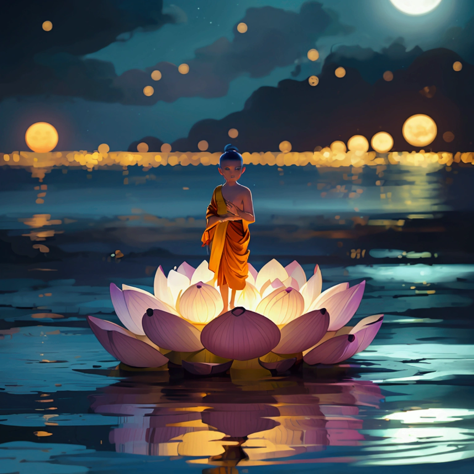 A tranquil night scene with moonlight reflecting on the ocean, a large nine-foot lotus flower floating calmly, a young novice monk barefoot in a light moon-white robe standing on the lotus, with three golden, red, and purple halos above his head, serene and mystical atmosphere."
"Moonlit ocean with shimmering light, a giant lotus flower floating, a young monk standing barefoot with three colorful halos, ethereal and spiritual vibes, deep blues, gold, red, and purple hues."