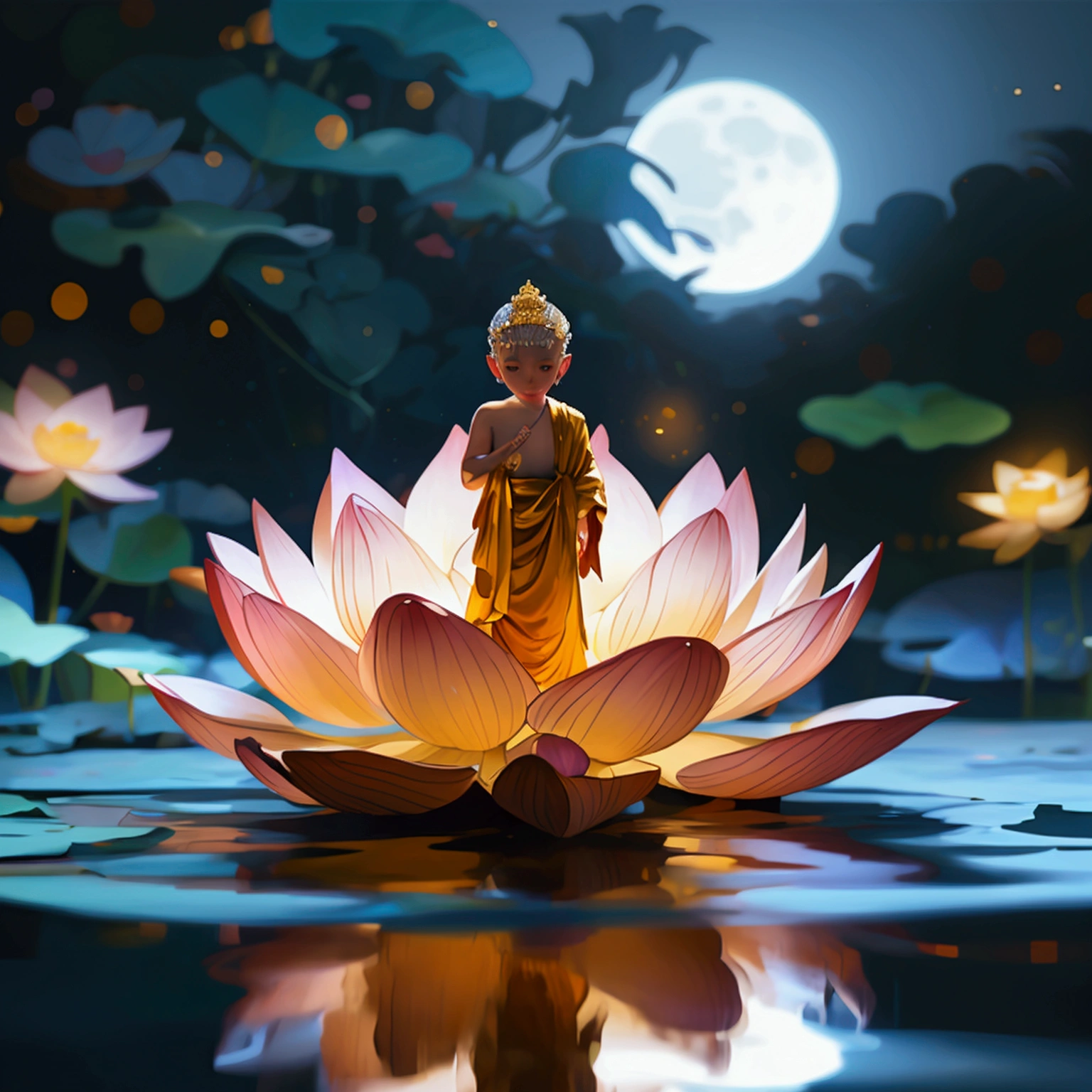 A tranquil night scene with moonlight reflecting on the ocean, a large nine-foot lotus flower floating calmly, a young novice monk barefoot in a light moon-white robe standing on the lotus, with three golden, red, and purple halos above his head, serene and mystical atmosphere."
"Moonlit ocean with shimmering light, a giant lotus flower floating, a young monk standing barefoot with three colorful halos, ethereal and spiritual vibes, deep blues, gold, red, and purple hues."