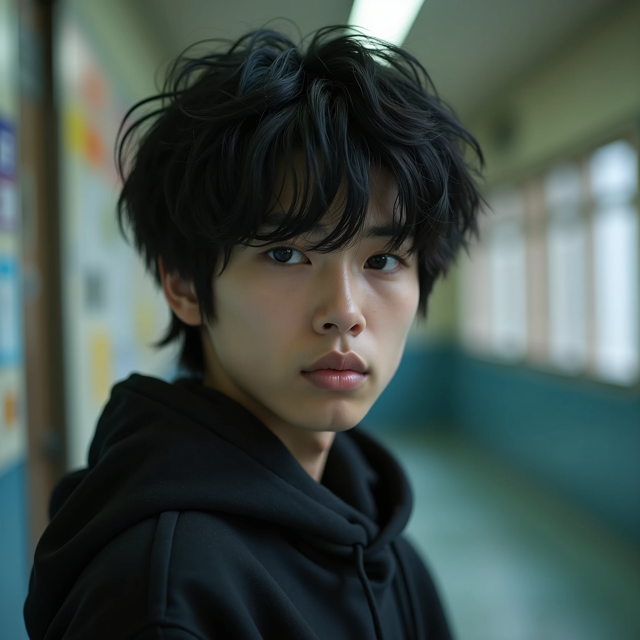 Mashed hair with black hair、Droopy eyes、Androgynous Japanese male high school student、Large hoodie、Portrait