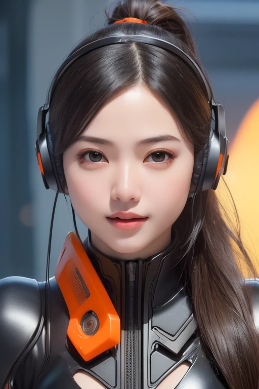 Top Quality, Masterpiece, Ultra High Resolution, (Photorealistic: 1.4), Raw Photo, 1 Girl, Black Hair, Glossy Skin, 1 Mechanical Girl, (((Ultra Realistic Details)), Portrait, Global Illumination, Shadows, Octane Rendering, 8K, Ultra Sharp, Intricate Ornaments Details, realistic skin, sweat effect, ((wearing Headphone)), very intricate detail, realistic light, CGSoation trend, brown eyes, glowing eyes, matte black and glossy orange mechanical bodysuit, Long hair, black hair, Ponytail hair, full body shot, spaceship bridge background, dynamic pose, cute smile, close up, Open Mouth, facing audience, playing electric guitar, in front of microphone,