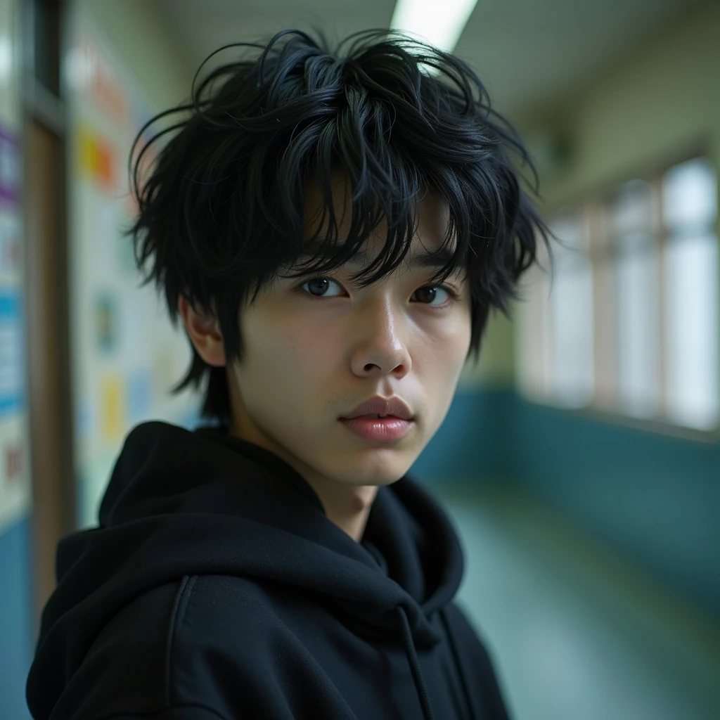 Mashed hair with black hair、Droopy eyes、Androgynous Japanese male high school student、Large hoodie、Portrait