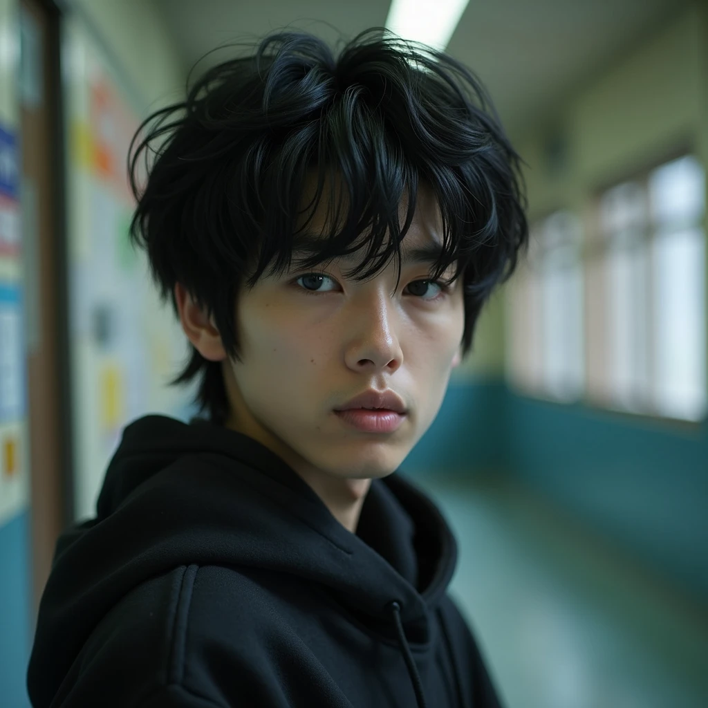 Mashed hair with black hair、Droopy eyes、Androgynous Japanese male high school student、Large hoodie、Portrait