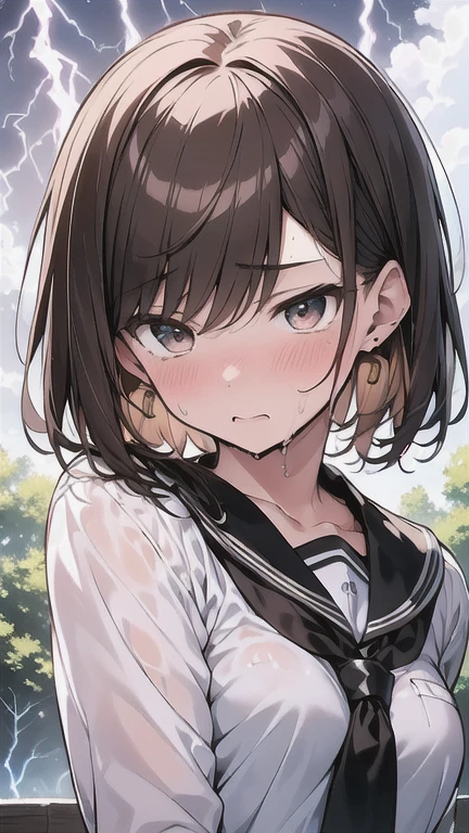 Let's think step by step,Highest quality, masterpiece, Ultra-high resolution, 8k,Show anime style ,Soft Line Art, Digital Enhancement, shojo anime touch, shojo manga core, Flowing fabric, close, Soft Drawing, Ultra-Definition Digital Anime Art, Clear facial depiction, Super detailed girl cartoon character art, Ultra-detailed manga style, Highest qualityの色,
1People Women,(A woman with short brown hair), Wet Hair,Beautiful brown hair, Clear brown eyes, Slightly chubby,Small breasts,The butt is small,Summer clothes,Upper body Focus,In town,Being outside,Midsummer,Shower,(((Lightning glows,,Surprised by an incredibly loud sound,Scared face,Plug your ears)))