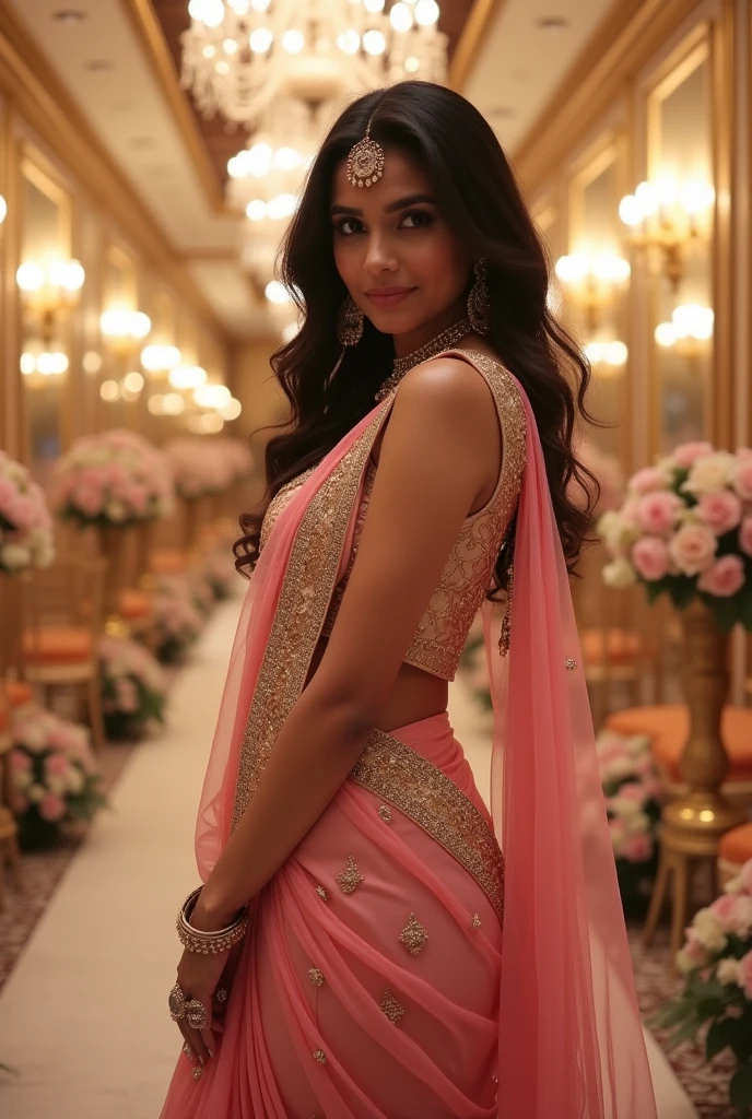 Hot girl Indian big boobs wearing pink thin transparent sari and no blouse, showing nipples through transparent sari, nsfw, she is in a wedding ball room
