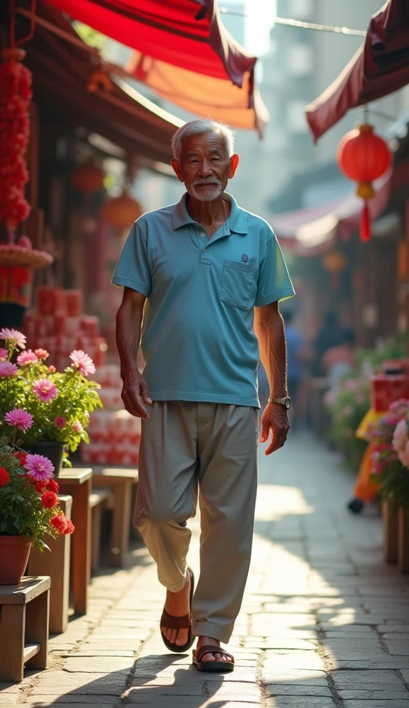 Mr. Tu is an old man over 60 years old., skinny, dark skin, short neat silver hair. He wore a light blue short-sleeved shirt., light gray khaki pants, brown rubber sandals. His face was full of wrinkles but gentle and cheerful.. He is looking for slippers.