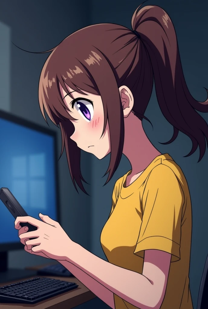 Gamer , Anime girl , brown hair colour , ponytail hair style , yellow T-shirt , purple eyes , empty eye lens , uncaring eye , plays mobile , side view