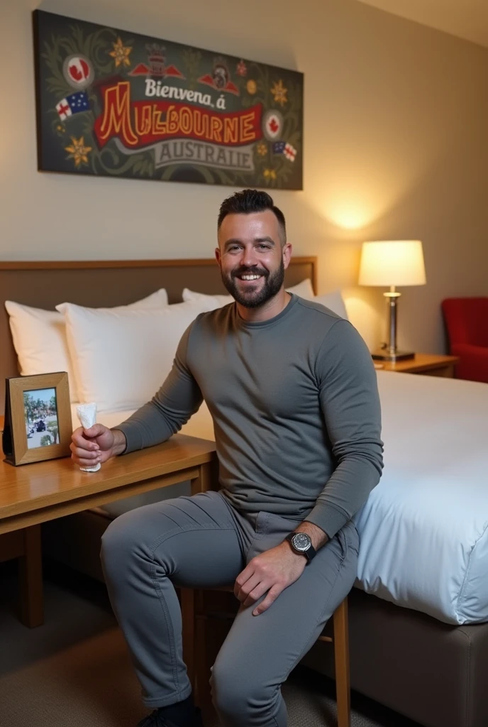 Homme caucasien grand de taille, charmant, un peu costaud, habillé en pantalon et tee-shirt manche longue, assis ou adossé sur une table dans une grande chambre d'hôtel, sur la table qu'il y ait également un papier mouchoir déjà utilisé sur la table et sur le lit de l'hôtel qu'il soit déposer un cadre photo grand ou moyen qu'il est possible de faire arrêter sur le lit et faire face à la caméra et sur le mur du chevet du lit un tableau sur lequel il est écrit en français : Bienvenue à Melbourne AUSTRALIE et autour de la phrase qu'il y ait les emblèmes du CANADA QUÉBEC ou le drapeau du CANADA QUÉBEC