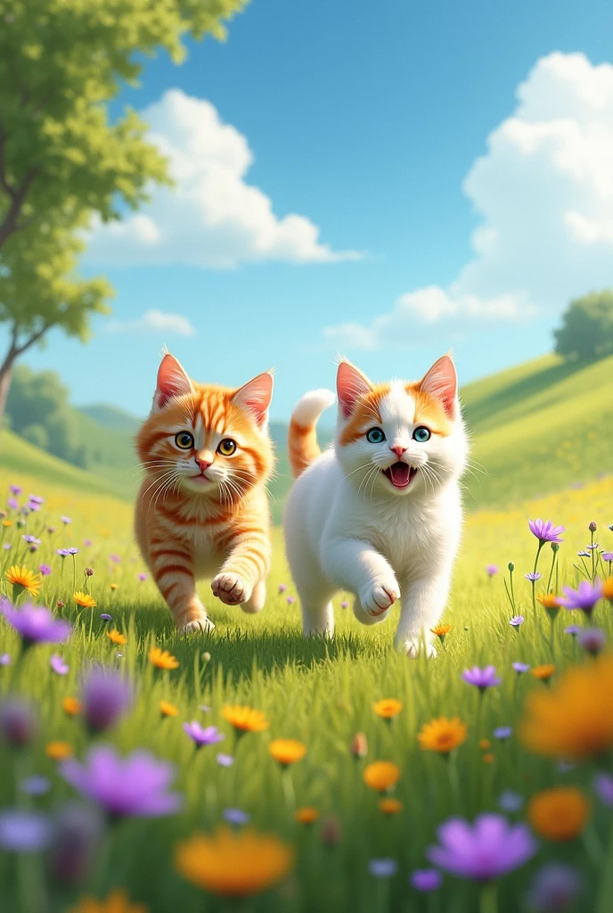 white and orange cats playing in the meadow