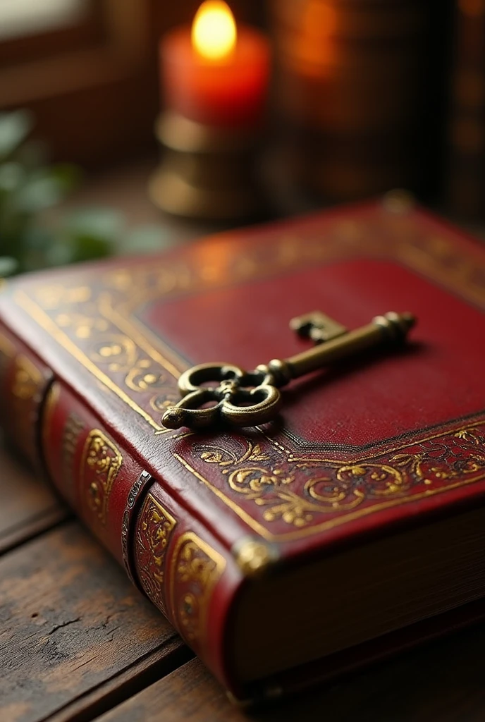 Image Prompt*: A close-up of the book with a deep red cover and a small key resting on top.