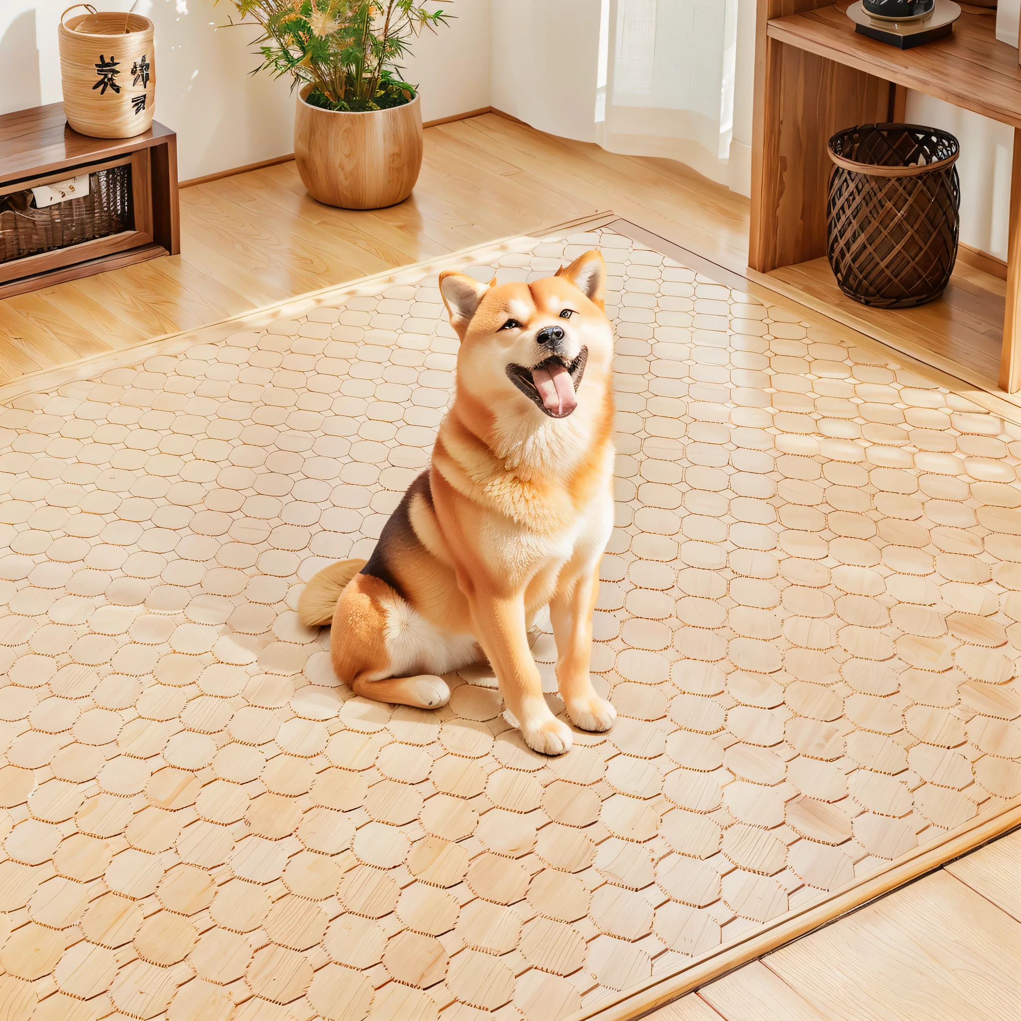 一只shiba inu坐在一块米色的尿垫上,Natural wood floor,Japanese style interior decoration environment,Natural light and shadow,Hyper-realistic scenes,product picture,High-end,shiba inu