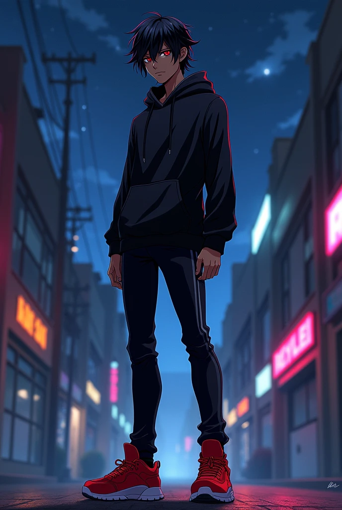Dark skin Anime man with black hair and red eyes and a black hoodie and black pants with red shoes.