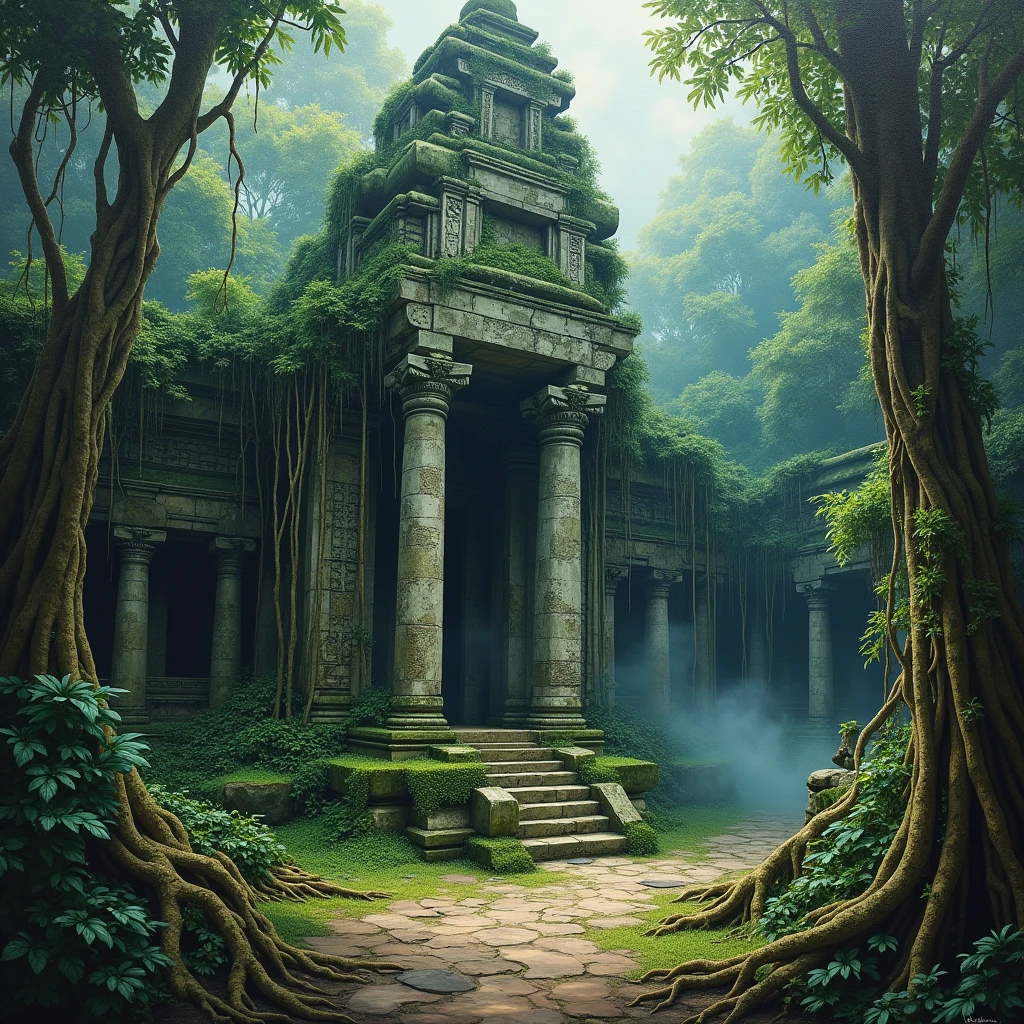 A wild, overgrown ruin of an ancient temple in a dense rainforest, oil painting. The once grand stone structures are now crumbling, covered in thick vines and moss. The jungle has reclaimed the site, with trees growing through the walls and roots winding around the pillars. Mist rises from the forest floor, adding an air of mystery and ancient secrets. The painting captures the untamed beauty and eerie atmosphere of the forgotten temple, with rich textures and detailed brushstrokes emphasizing the wild, overgrown nature of the scene. (ultra detailed, 8K, oil painting:1.7, wild ruins, mysterious atmosphere)