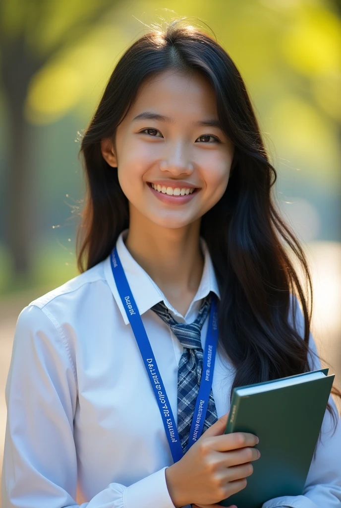 (Masterpiece),(complication:1.3),(The most realistic),((not revealing or provocative)),(Dress appropriately and neatly.),(A student), A portrait of a woman, 18 years old, beautiful face, beautiful faceแบบไทย ,long black hair ,smiling and happy, holding a notebook, Thai person ((wearing a white long-sleeved collared shirt)), ((Wear a blue lanyard with white lettering that says "kalasin Vacational School")), ((Wear a blue tie with a slight pattern, not too much.)) Dressed simply,warm light, weak sunlight, Photo shows only half of the body ,professional photographer for detailed photos, Have clarity, dramatic, Awarded first prize, Cinematic lighting, (film grain,A blurry background, Blurred background, bokeh, depth of fied),(Children under 18 years old can watch.)