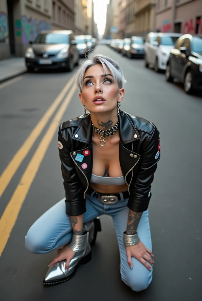 russian old milf woman, grey hair (quiff shaved sides), with very light blue eyes, extremely pale. Wearing cropped black moto jacket (badges on lapels), tank top with rock logo, skinny leather jeans and silver pointy Chelsea boots with cuban heels . Lots of metallic wide silver bracelets, a tacky chain and a padlock as a collar. Tacky studded leather belt with oversized chanel buckle. Wide loop earrings. Kneeling looking up, eyes and mouth wide open in amazement. Tilted head. Tattooed. Hands on her knees. Chin up, looking up listening in amazement to God. Well toned abdominals, thin legs and thin arms.
