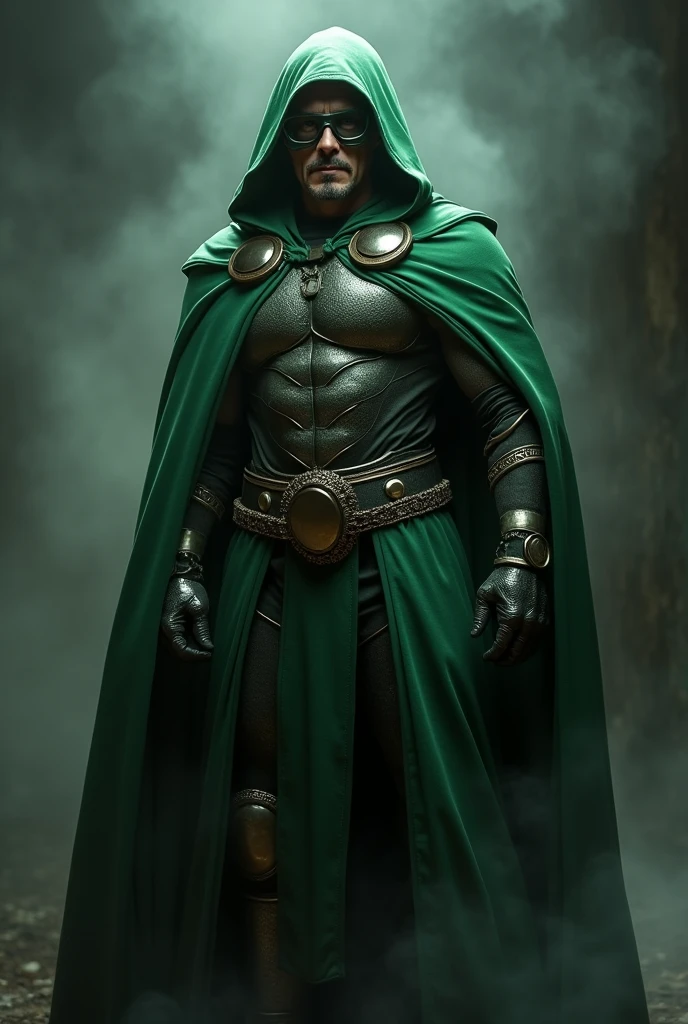 Iron man character Robert Downey Jr as Dr.doom,in a green cloak , metal armour,iron mask off,in villain getup , looking at the camera,after conquering the world,different profiles, smoky,  dark mysterious background, ultra realistic, realism 16K,textured skin.